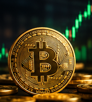 Portada de la guía de Bitcoin: una moneda dorada de Bitcoin en primer plano con una gráfica de precio al fondo