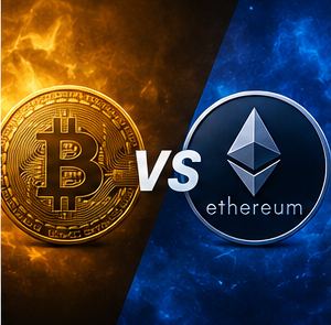 Portada de la comparativa Ethereum frente a Bitcoin: una moneda dorada de Bitcoin y una moneda azul de Ethereum separadas por un «vs»