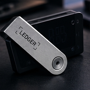 Portada de la guía de tipos de wallet: un monedero físico Ledger apoyado sobre otro dispositivo, sobre una mesa oscura