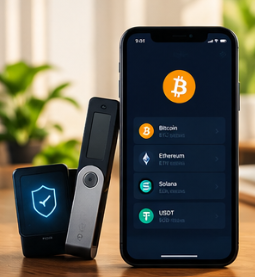 Portada de la guía de seguridad para wallets: dos monederos físicos con un candado luminoso junto a un móvil que muestra una cartera con Bitcoin, Ethereum, Solana y USDT