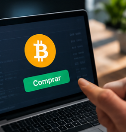 Portada de la guía para comprar tu primer bitcoin: un portátil con la pantalla de compra abierta y un dedo a punto de pulsar el botón «Comprar»
