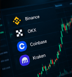 Portada de la comparativa: lista de exchanges (Binance, OKX, Coinbase, Kraken) junto a un gráfico de velas en verde y rojo