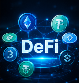 Portada de la guía de DeFi: la palabra «DeFi» iluminada en el centro, rodeada de monedas flotantes con logotipos de criptomonedas