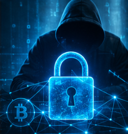 Portada de la guía de estafas: una figura encapuchada tras un candado digital azul brillante, con una red de conexiones y un símbolo de Bitcoin