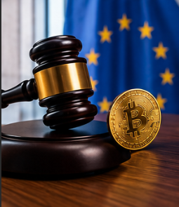 Portada de la guía sobre la situación de Binance en la UE: un mazo de juez junto a una moneda de Bitcoin, con la bandera de la Unión Europea al fondo