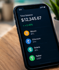 Portada de la guía de stablecoins: pantalla de un móvil con una cartera que muestra Bitcoin, Ethereum, Solana y Tether