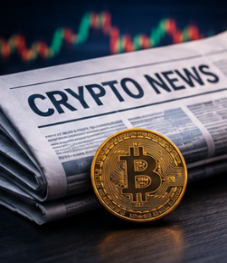 Portada de la guía sobre NFT: un periódico con el titular «Crypto News» y una moneda de Bitcoin sobre la mesa