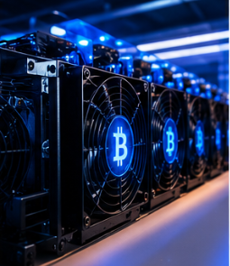 Portada de la guía del halving: ventiladores de una granja de minería con el símbolo de Bitcoin iluminado en azul