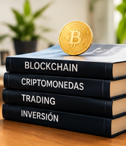 Portada de la guía de blockchain: pila de libros sobre criptomonedas con una moneda de Bitcoin dorada encima